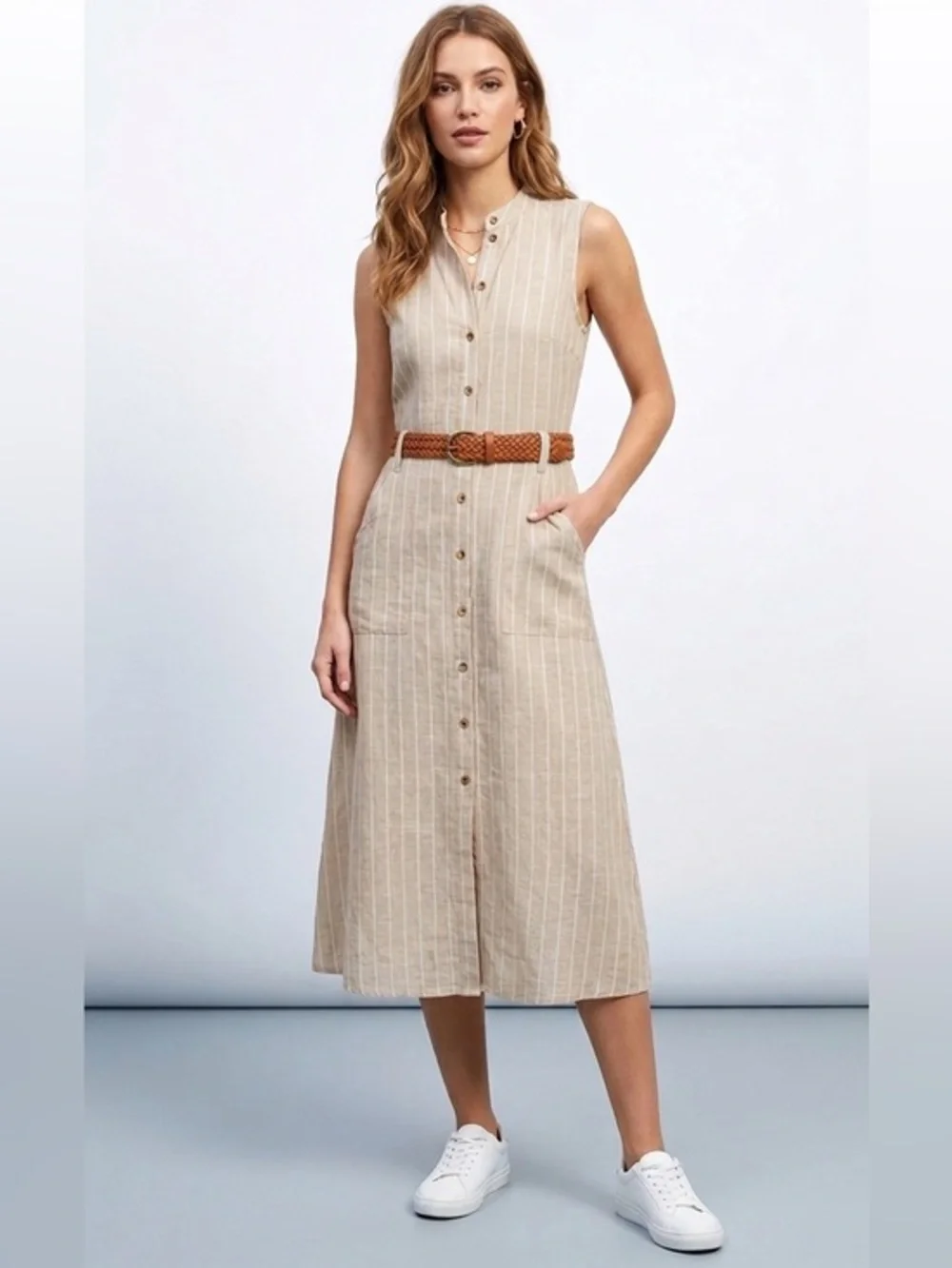 Lee Cooper Beige & White Button-Front Sleeveless Cotton Blend Dress Size Small - Picture 12 of 12